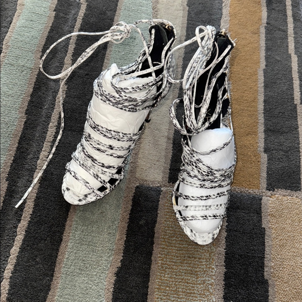 RAYE Black and White Strappy Heels